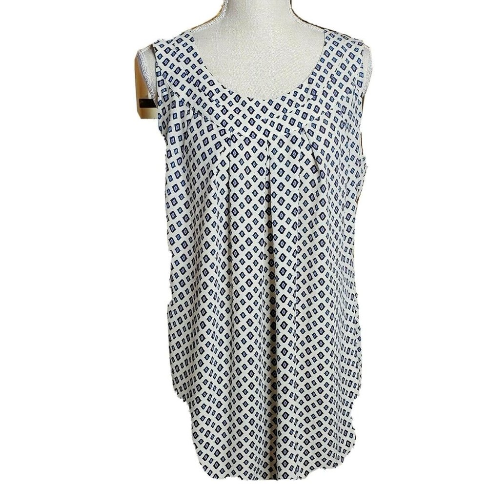 Cabi  Ivory Cobalt Blue Diamond Back Sleeveless Blouse sz XL